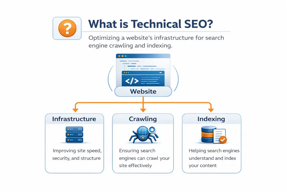 Infographic defining technical SEO as optimising infrastructure for search engine crawling and indexing.
