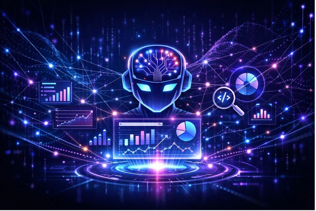 Abstract graphic of an AI analyzing website data for advanced technical SEO insights.