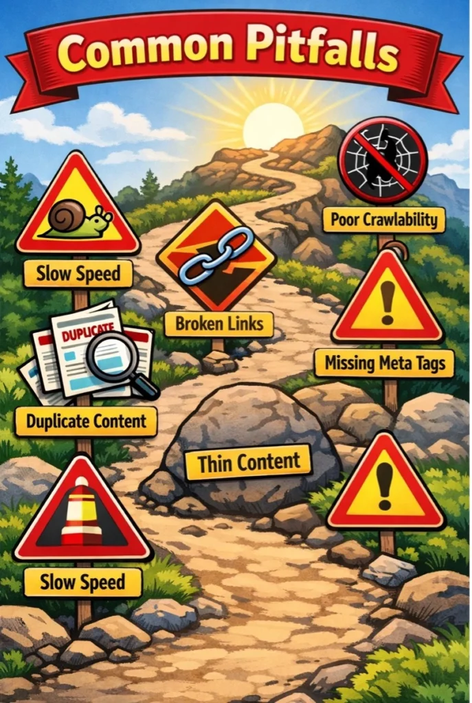 A visual representation of common technical SEO mistakes to avoid on the path to success.