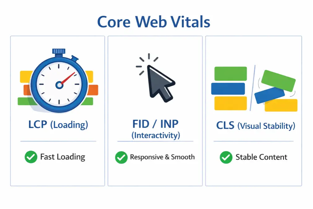 Explainer graphic for Google's Core Web Vitals: LCP, FID/INP, and CLS.
