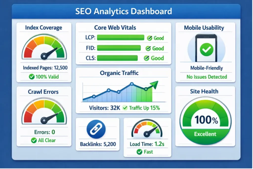 Dashboard showing key metrics for measuring technical SEO success.