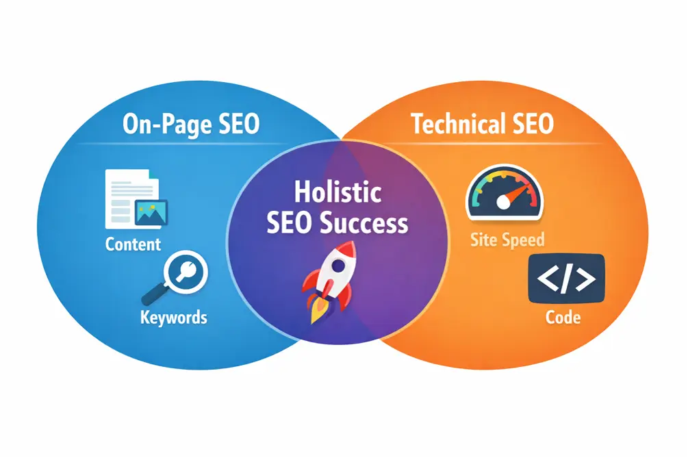 Venn diagram showing the relationship and overlap between On-Page SEO and Technical SEO.