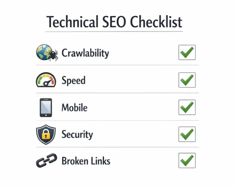 A technical SEO checklist with icons for key audit areas.