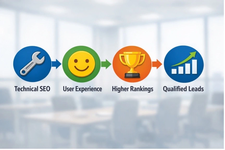 Graphic illustrating how technical SEO improves user experience, leading to higher rankings and more qualified leads.