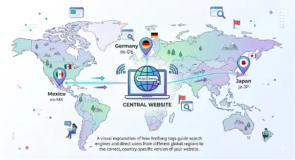 A map illustrating how hreflang tags direct users from different regions to the correct country-specific version of a website.