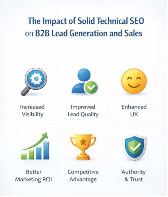 A set of icons illustrating the core business benefits of solid technical SEO for SaaS.