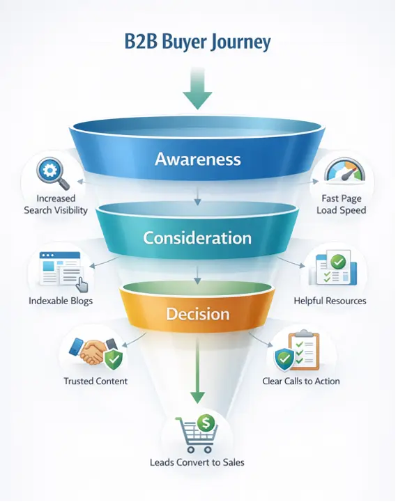 A marketing funnel showing how technical SEO underpins visibility at every stage of the B2B buyer journey.