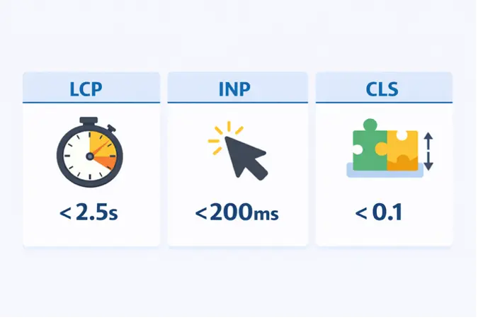 Infographic displaying the three Core Web Vitals (LCP, INP, CLS) and their ideal performance metrics for a good user experience.