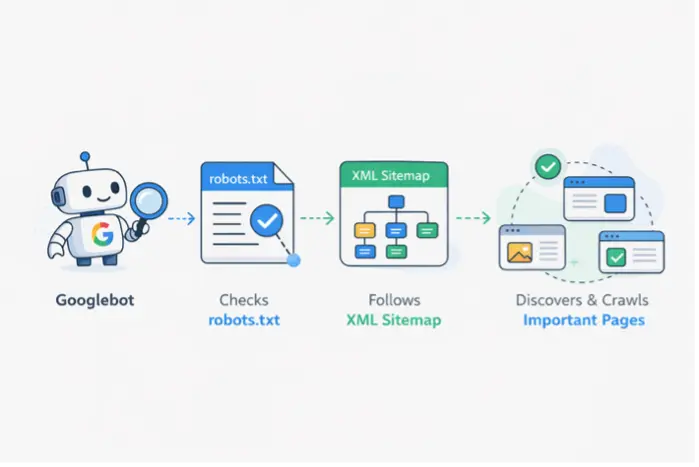 Flowchart illustrating how a search engine bot uses the robots.txt file and XML sitemap to crawl and index a website efficiently.