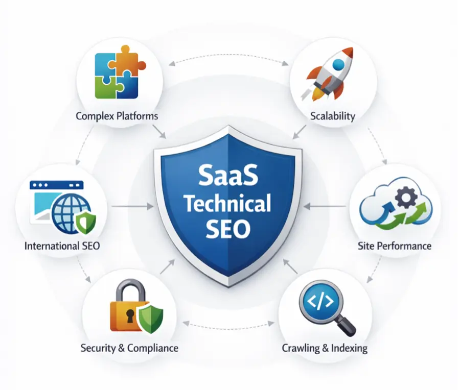 Infographic showing the core pillars of Technical SEO for SaaS: Complex Platforms, Scalability, User Experience, and the B2B Buyer Journey.