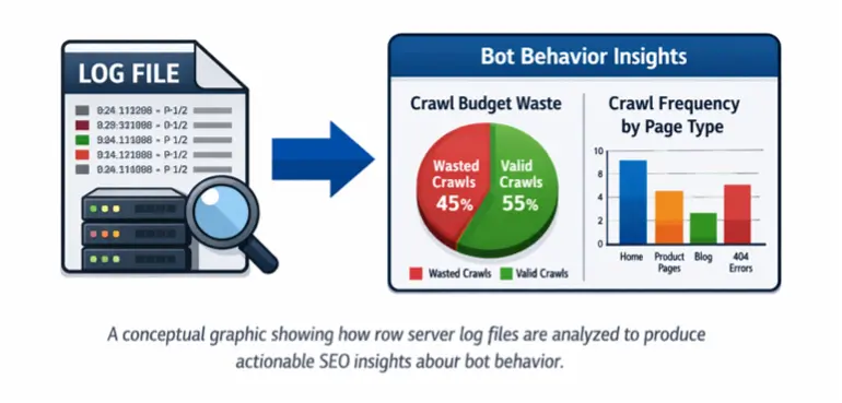 A conceptual graphic showing how raw server log files are analysed to produce actionable SEO insights about bot behaviour.