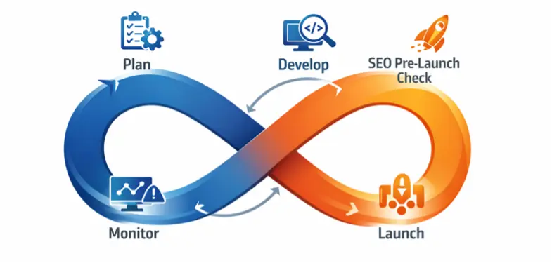 An infinity loop diagram illustrating the integration of SEO checks into the continuous development and launch cycle.
