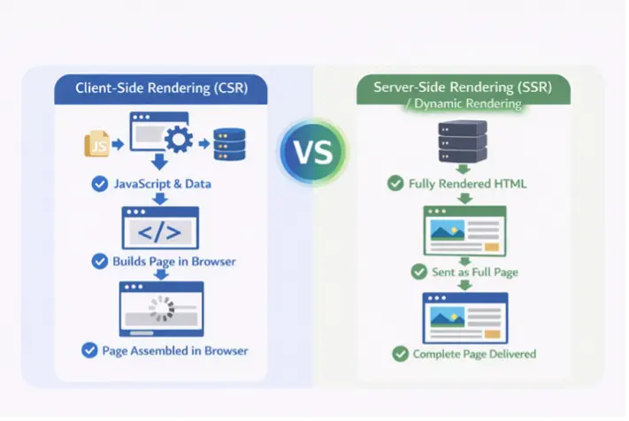 Diagram comparing Server-Side Rendering (SSR) and Client-Side Rendering (CSR) for SEO.
