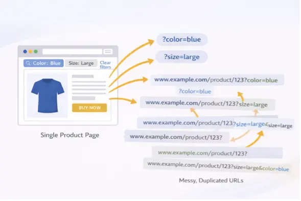 A diagram showing how faceted navigation filters can create multiple duplicate URLs for the same content.
