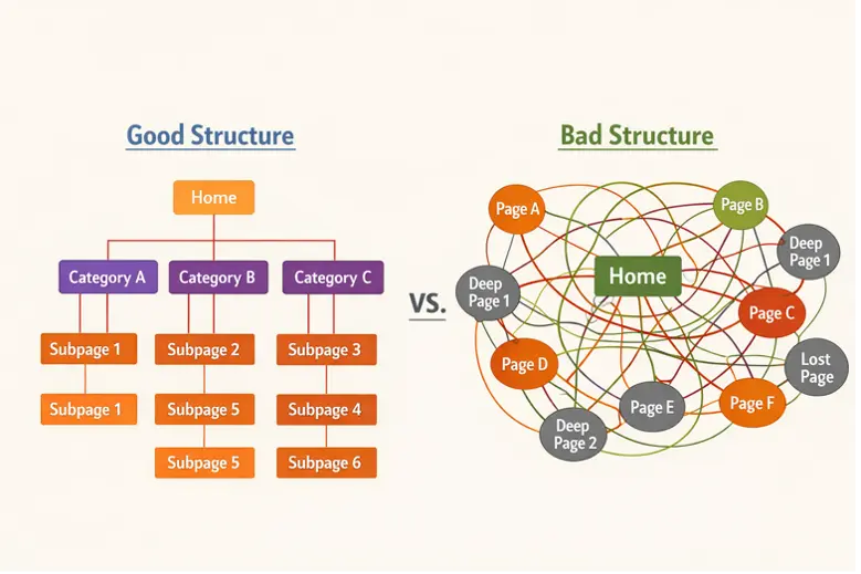 Diagram showing the difference between a clean, logical website architecture and a poor, disorganised one.
